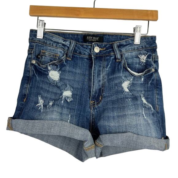 EUC Judy Blue Denim Jean Shorts Women S High Waist Distressed Cuffed - Picture 1 of 9